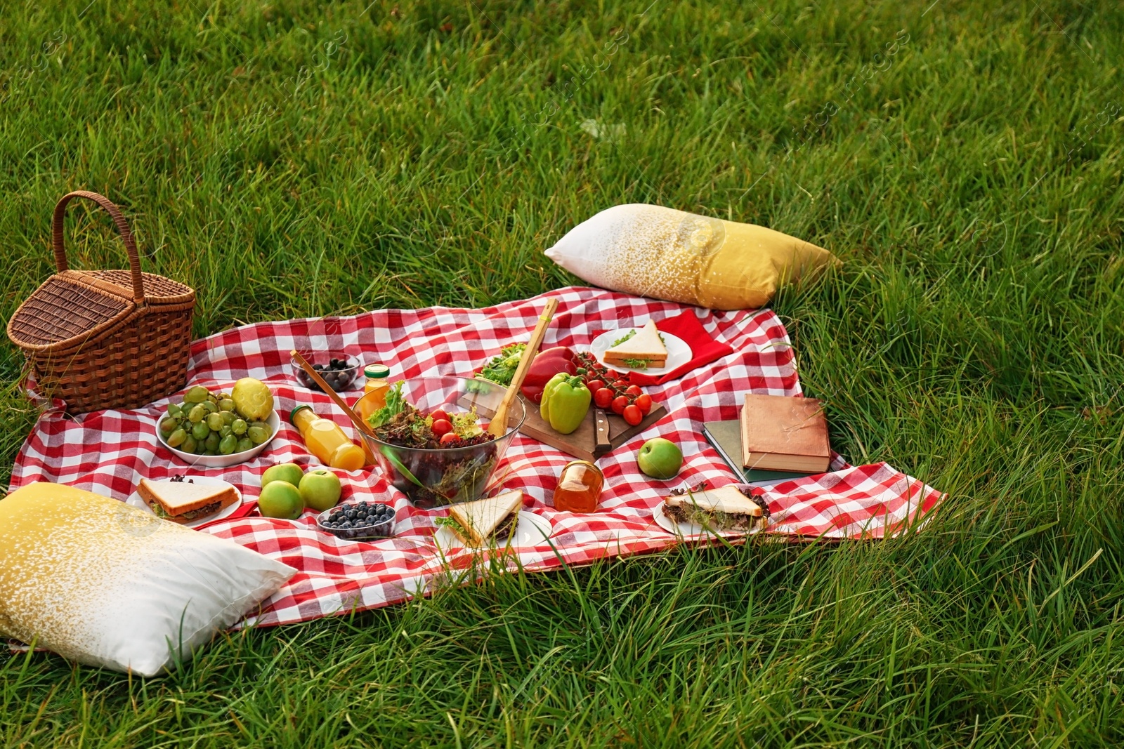 Photo of Picnic blanket with delicious snacks on grass in park