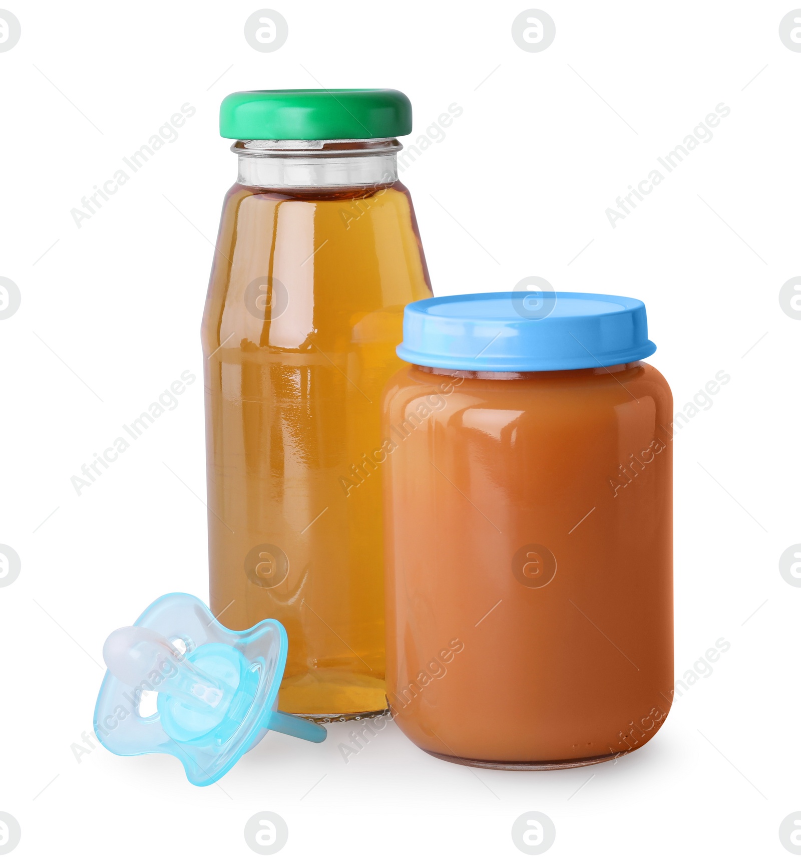 Photo of Healthy baby food, bottle with juice and pacifier on light grey background