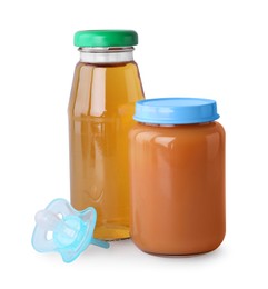 Photo of Healthy baby food, bottle with juice and pacifier on light grey background