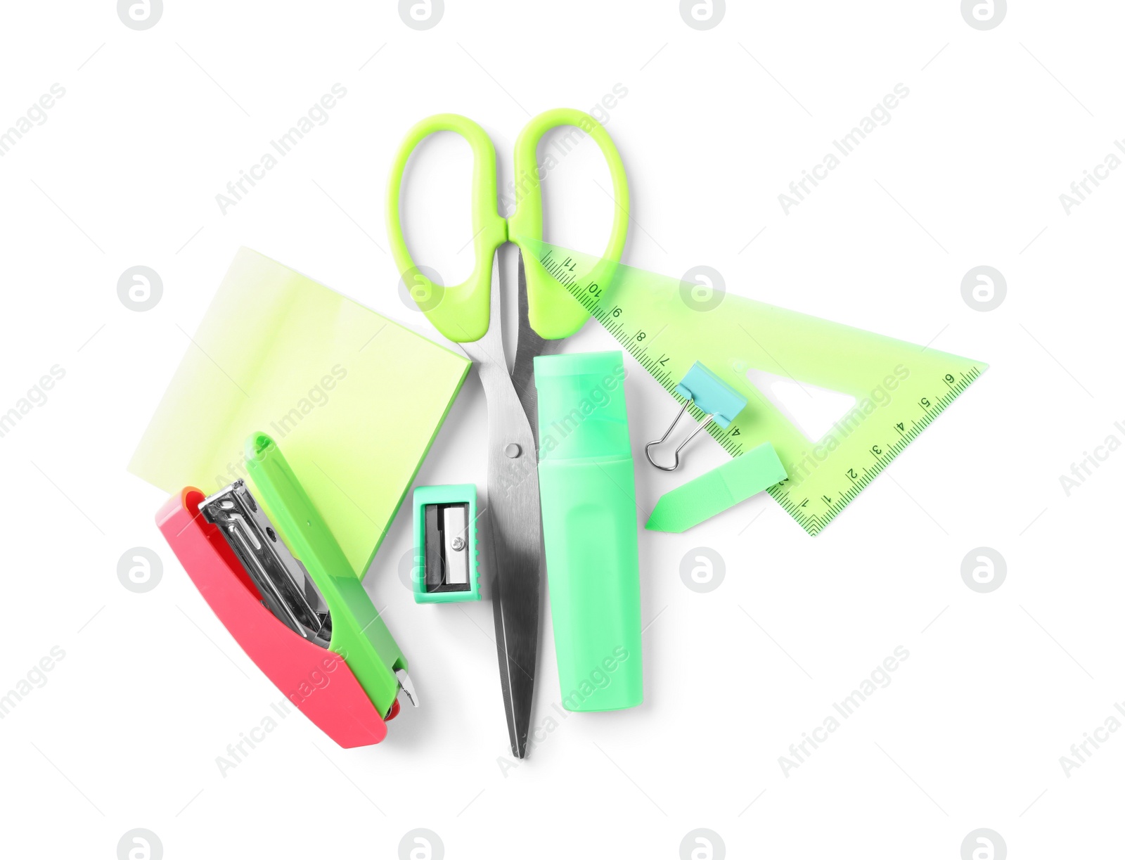 Photo of Set of different school stationery on white background, top view