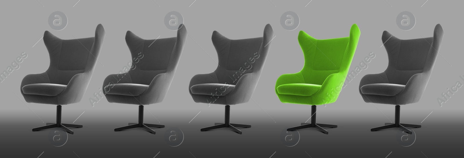 Image of Vacant position. Green office chair among grey ones on color background, banner design