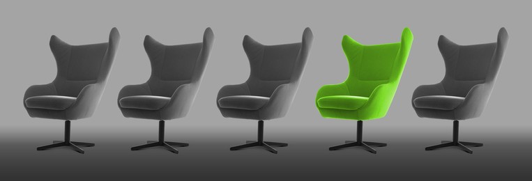 Image of Vacant position. Green office chair among grey ones on color background, banner design