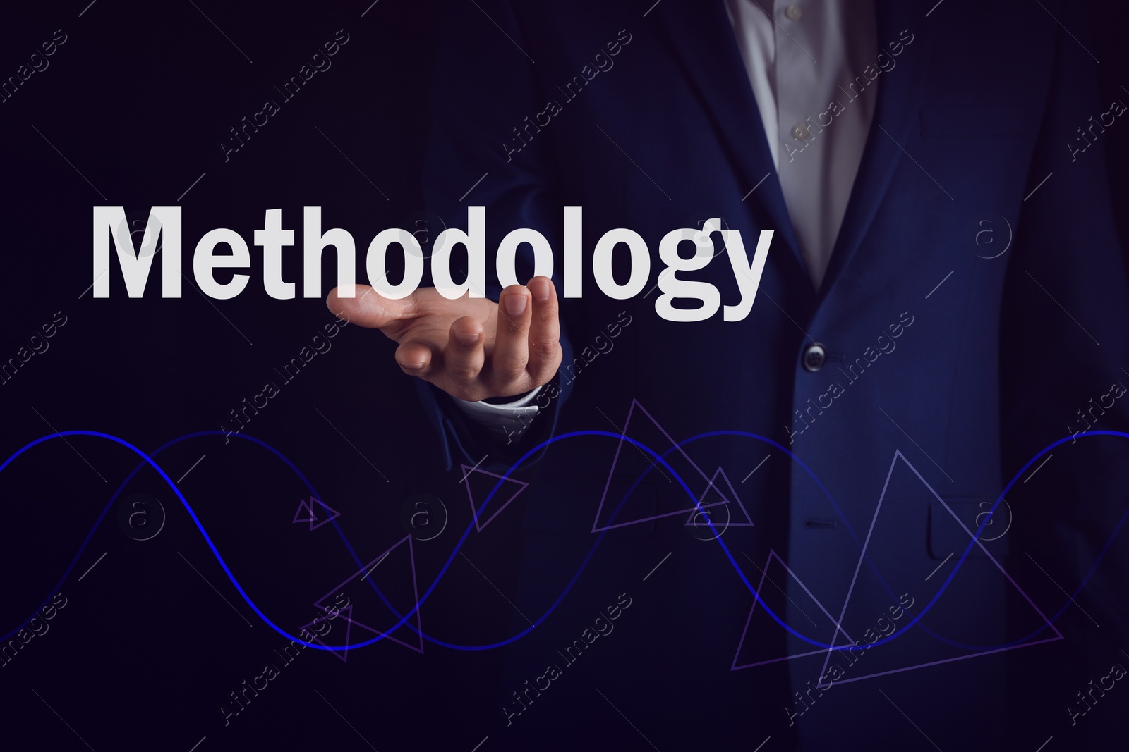 Image of Methodology concept. Man holding virtual word over waves and triangles on dark background, closeup