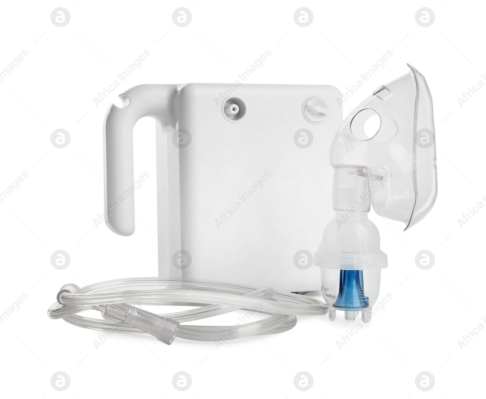 Photo of Modern nebulizer with face mask on white background. Inhalation equipment