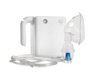 Modern nebulizer with face mask on white background. Inhalation equipment