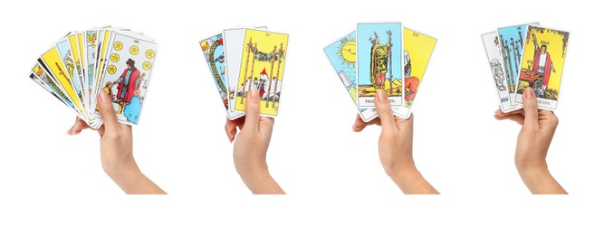 Closeup of woman holding tarot cards on white background, collage. Banner design
