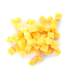 Photo of Raw yellow carrot cubes isolated on white, top view