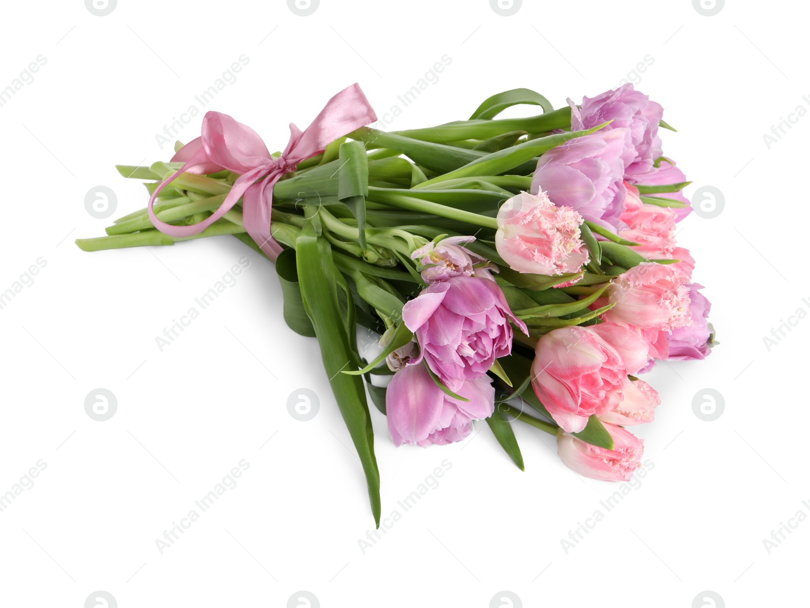 Photo of Beautiful bouquet of colorful tulip flowers on white background