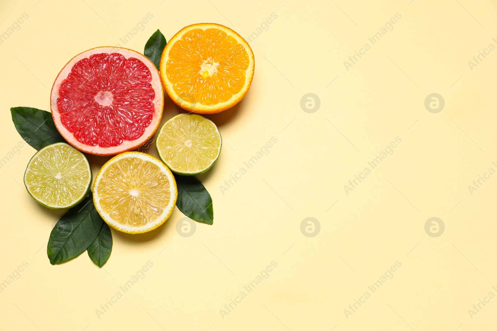 Different cut citrus fruits and leaves on beige table, flat lay. Space for text Photo of Different cut citrus fruits and leaves on beige table, flat lay. Space for text
