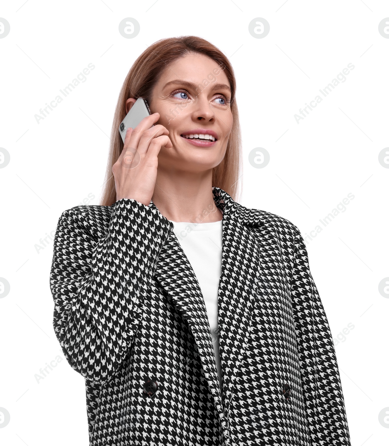 Photo of Beautiful happy businesswoman talking on smartphone against white background