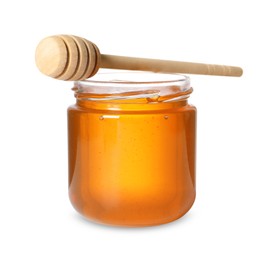 Photo of Tasty natural honey in glass jar and dipper isolated on white