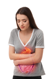 Image of Young woman suffering from abdominal pain on white background