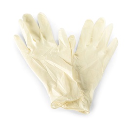 Photo of Pair of medical gloves isolated on white, top view