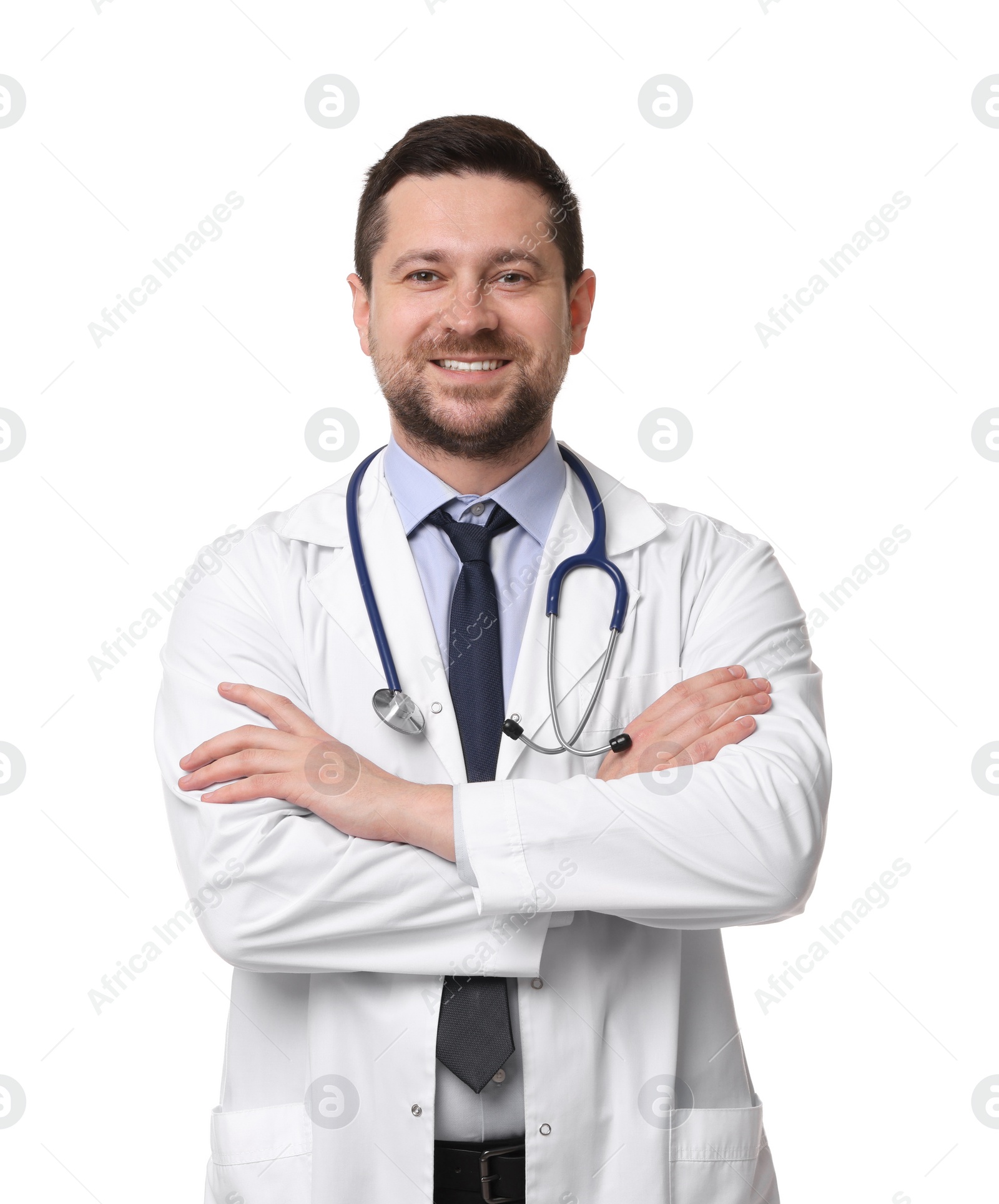 Photo of Portrait of smiling doctor isolated on white