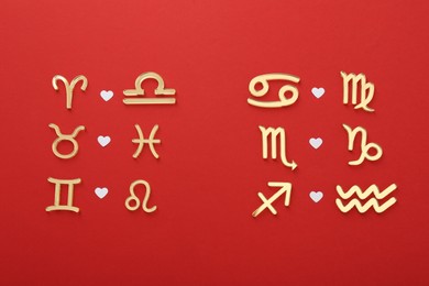 Photo of Zodiac signs compatibility on red background, flat lay