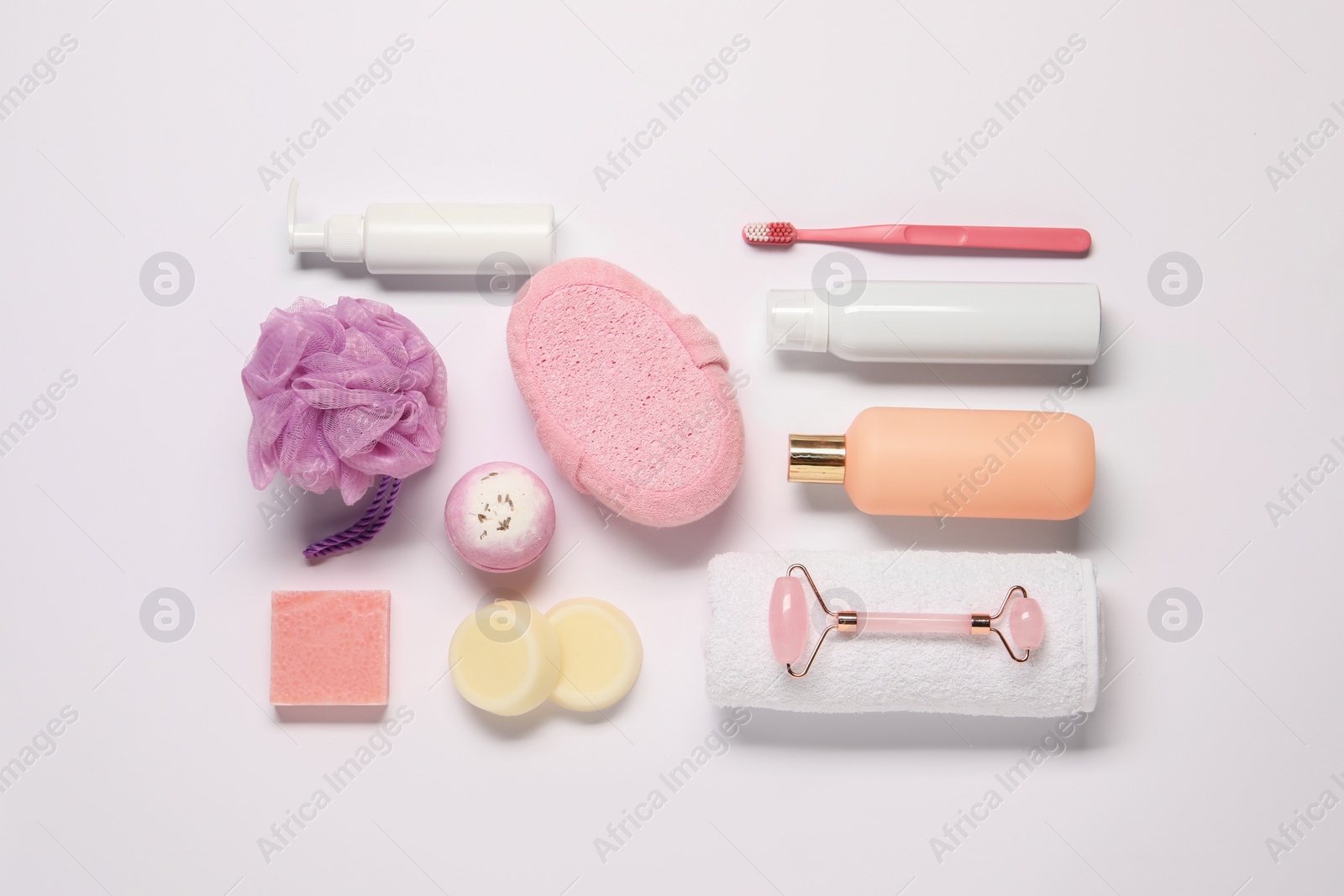 Photo of Bath accessories. Different personal care products on white background, flat lay