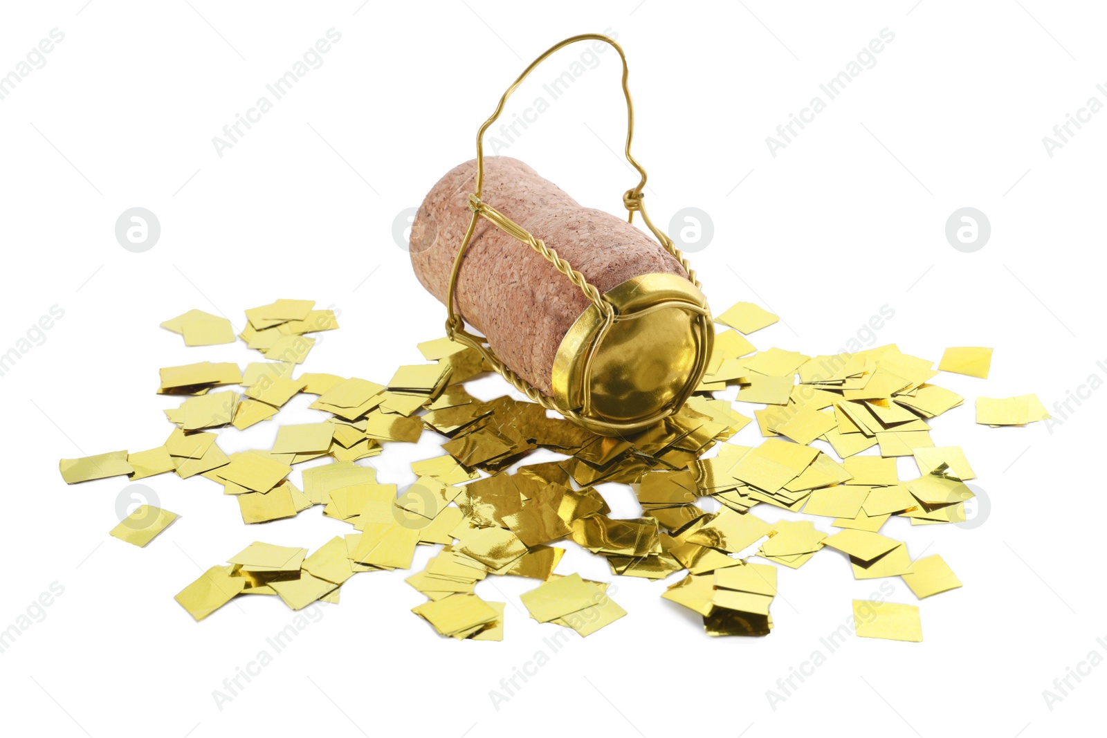 Photo of Cork of sparkling wine with muselet cap and shiny golden confetti on white background