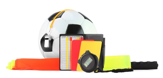 Photo of Soccer ball and different referee equipment isolated on white