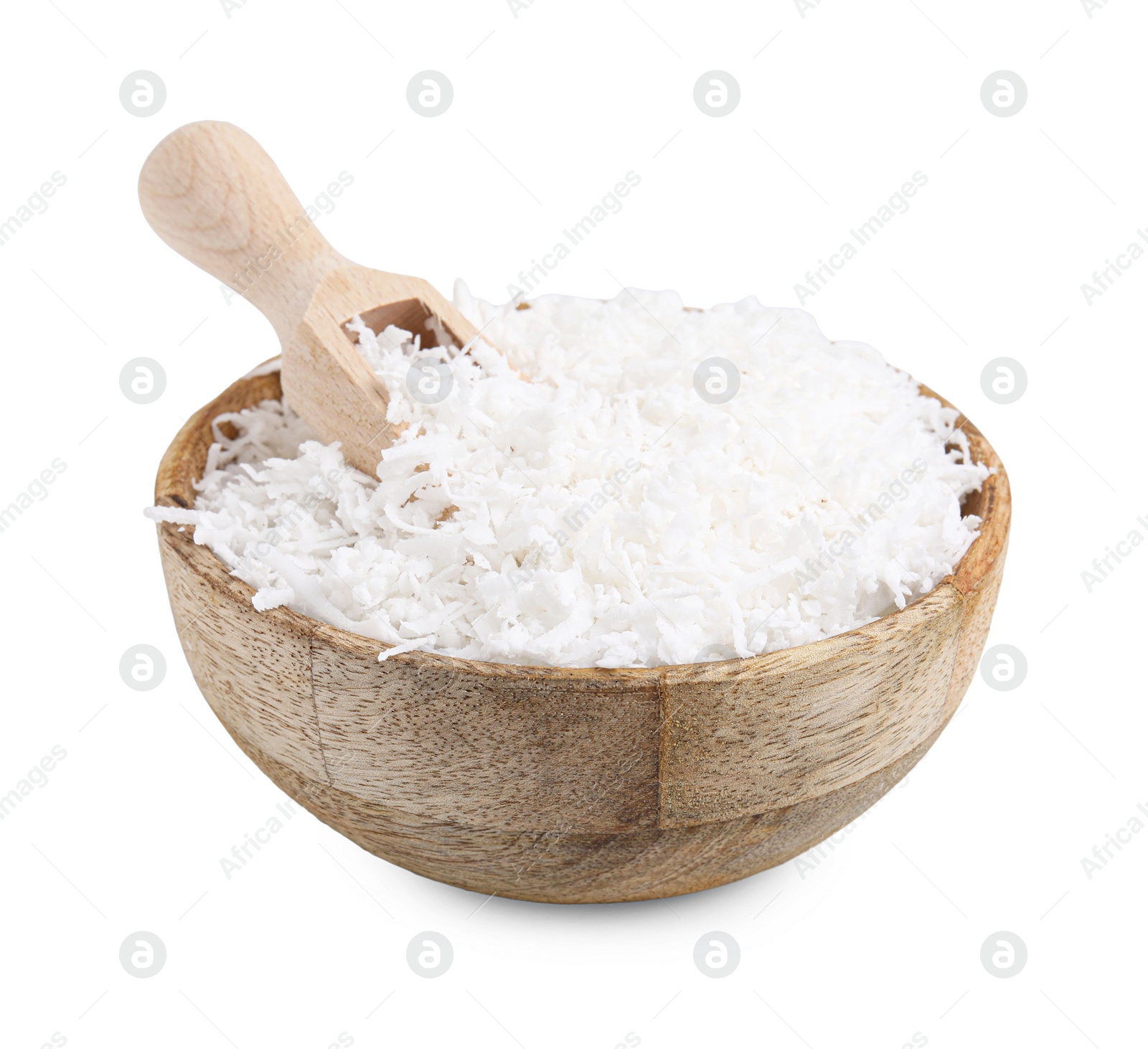 Photo of Coconut flakes in bowl and scoop isolated on white