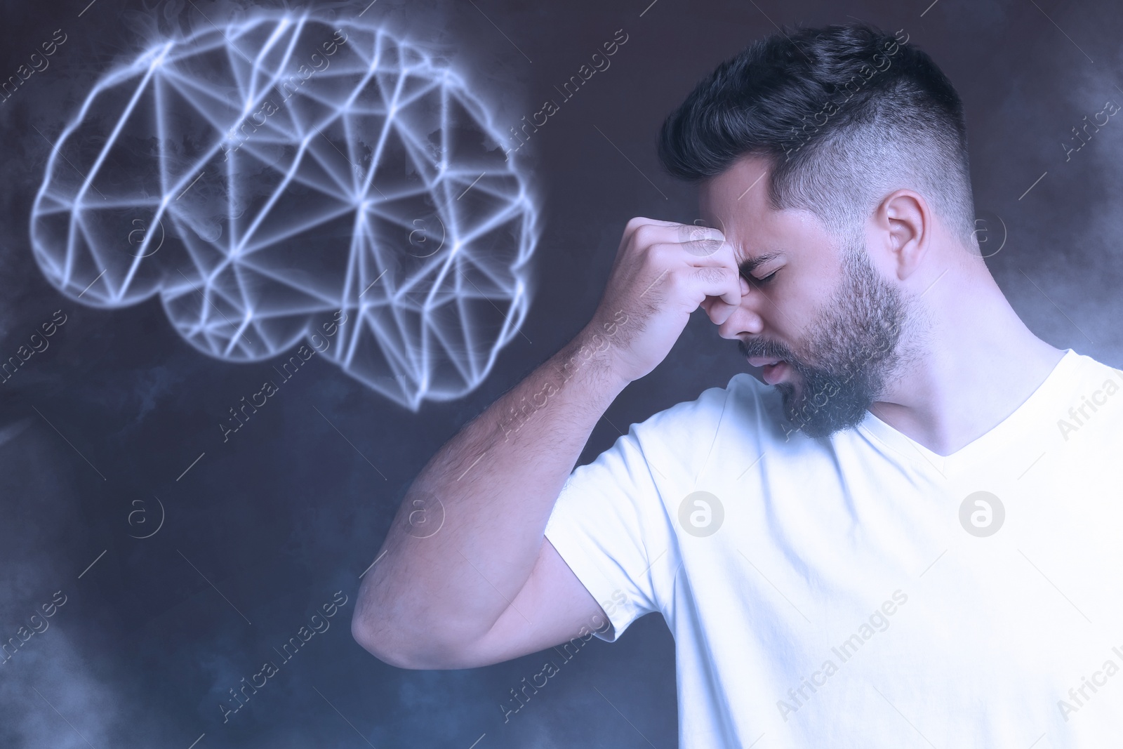 Image of Memory. Man with illustration of brain trying to remember something on dark background