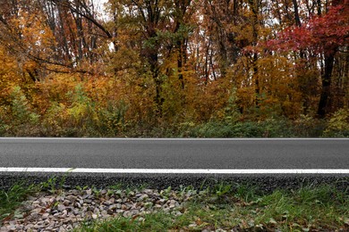 Beautiful view of asphalt highway without transport near autumn forest