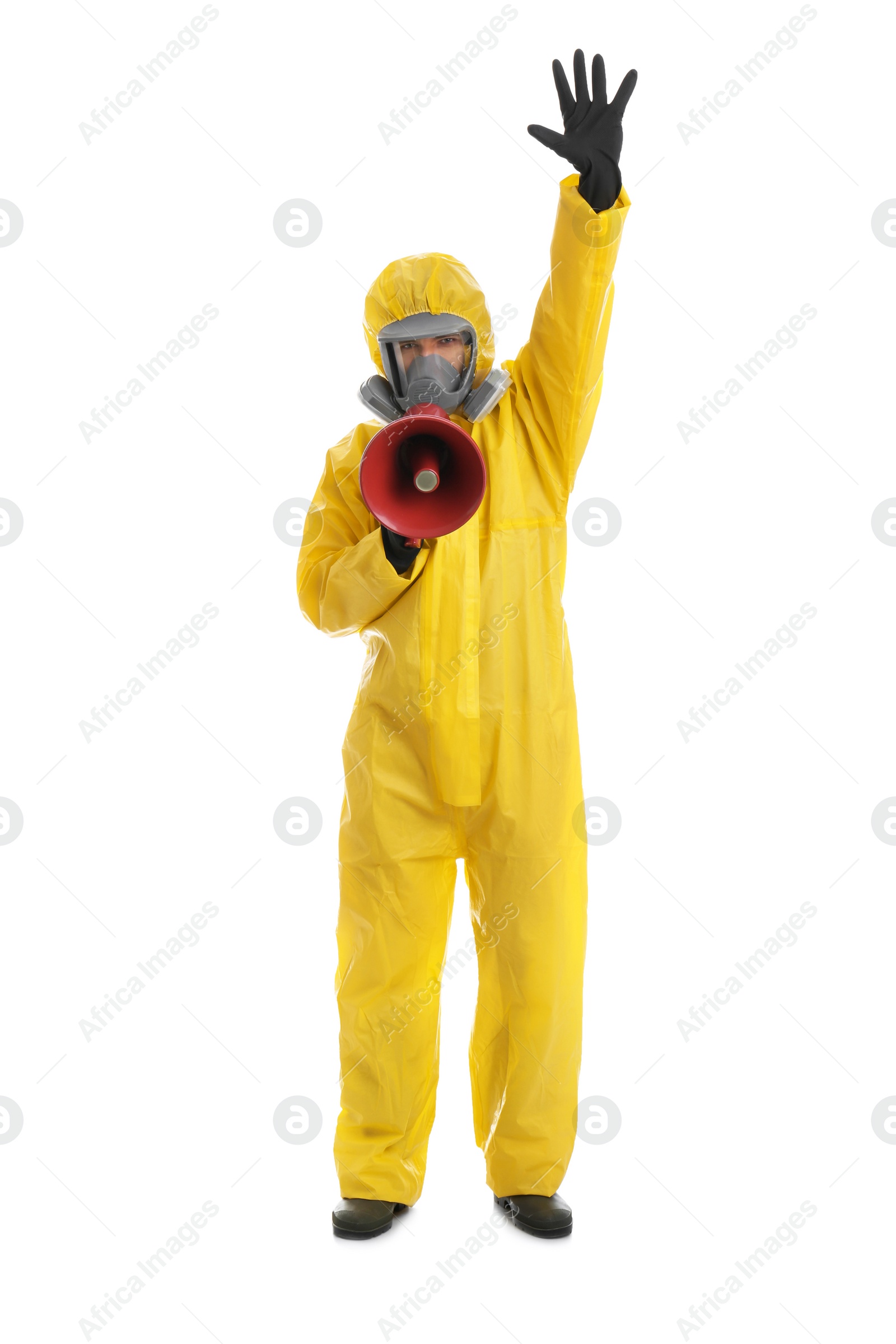 Photo of Man wearing chemical protective suit with megaphone on white background. Prevention of virus spread