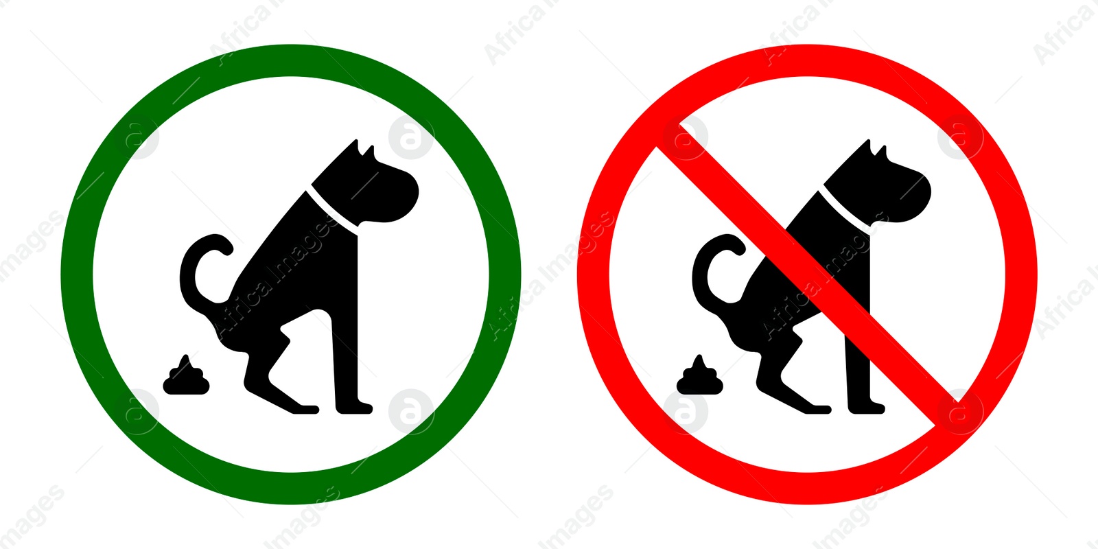 Illustration of Signs NO DOG WASTE and PLEASE CLEAN UP AFTER YOUR PETS on white background, collage. Illustration