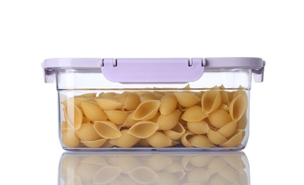 Photo of Box with uncooked pasta on white background