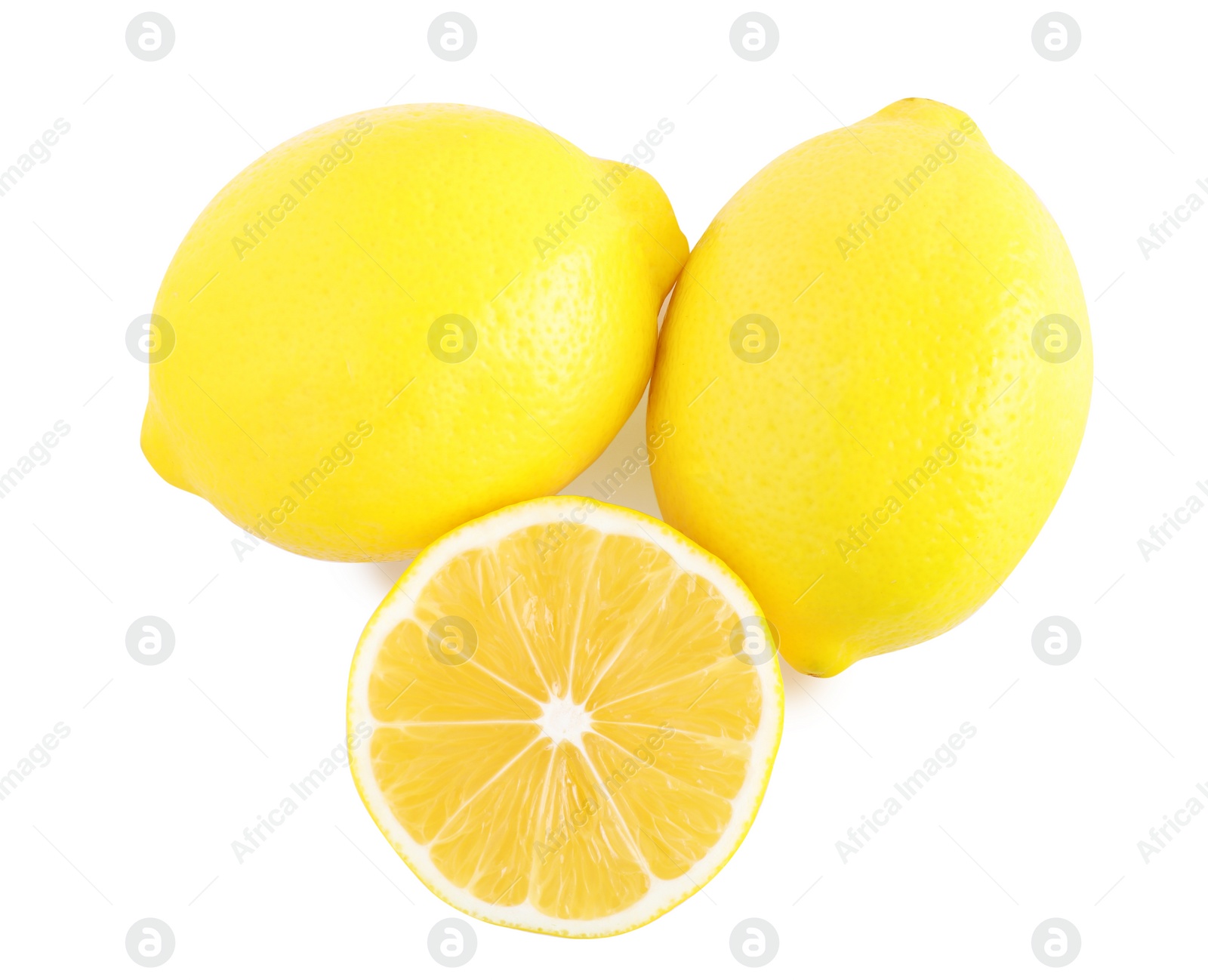 Photo of Sliced and whole fresh lemons on white background, top view