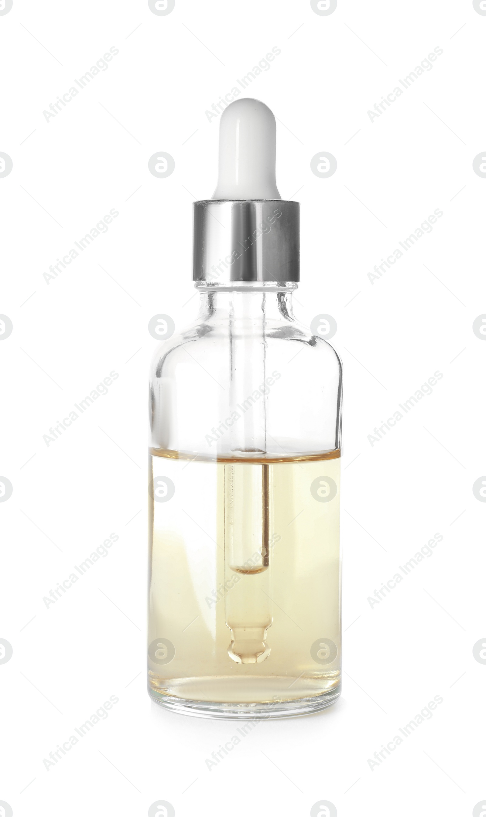 Photo of Bottle of herbal essential oil isolated on white