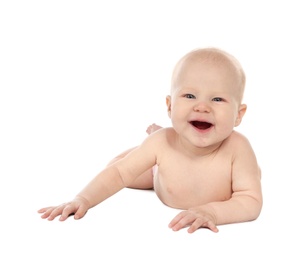 Photo of Cute little baby on white background. Tummy and crawling time