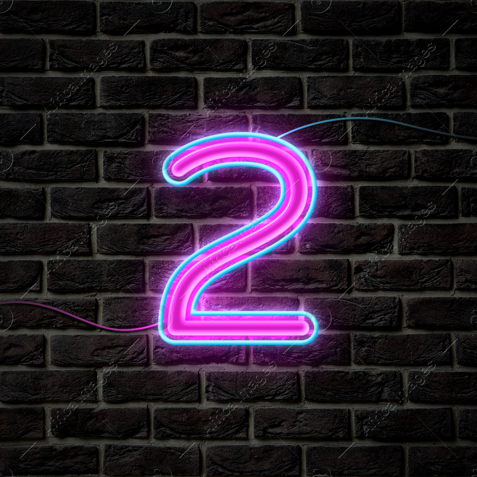 Image of Glowing neon number 2 sign on brick wall