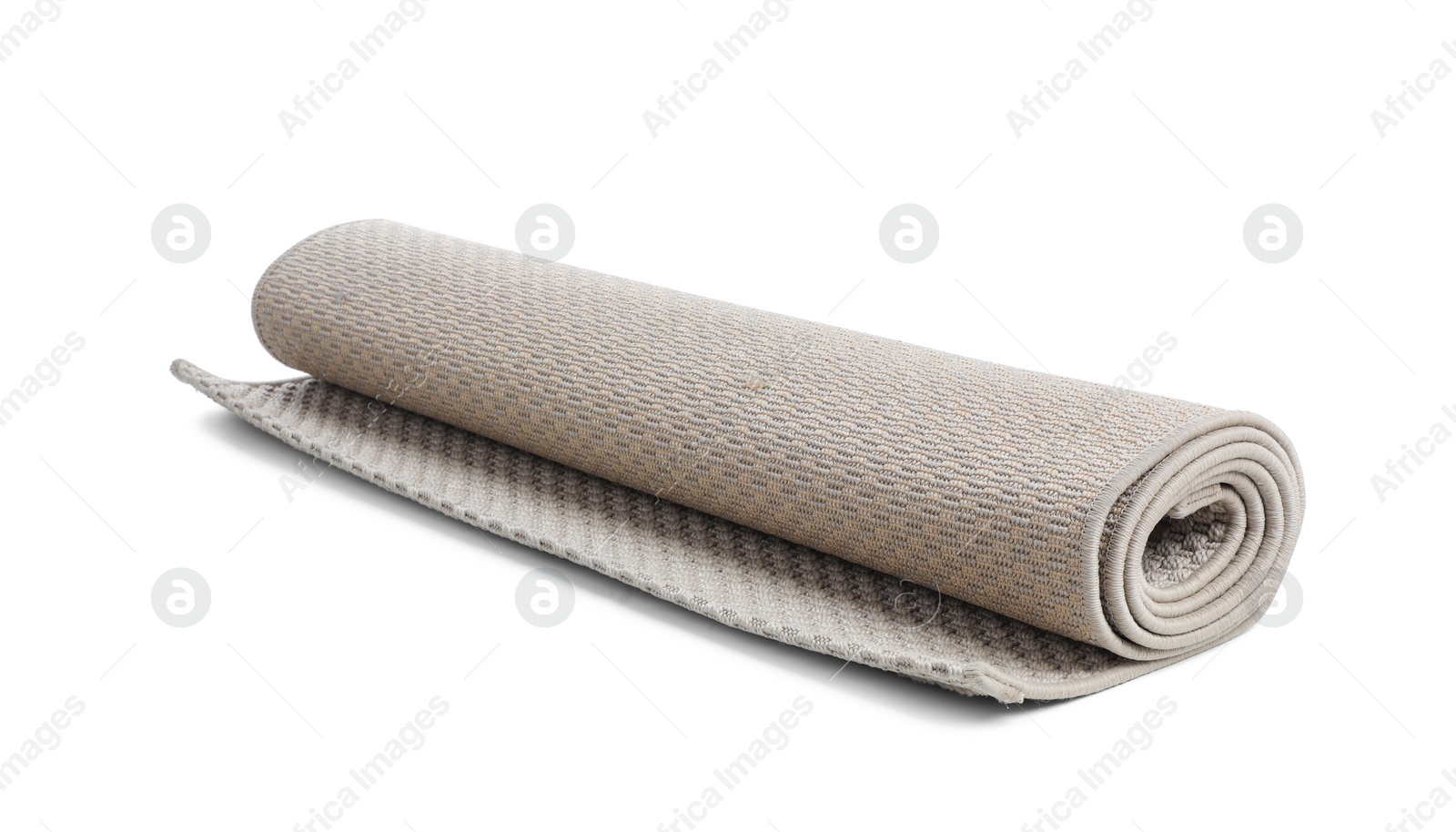 Photo of Rolled grey carpet on white background. Interior element