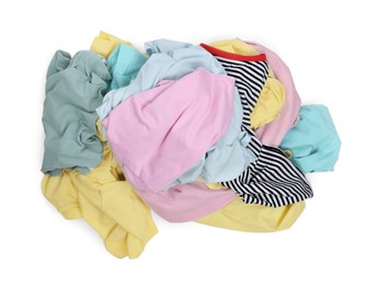 Pile of clothes isolated on white, top view