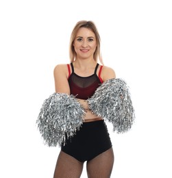 Photo of Beautiful cheerleader in costume holding pom poms on white background