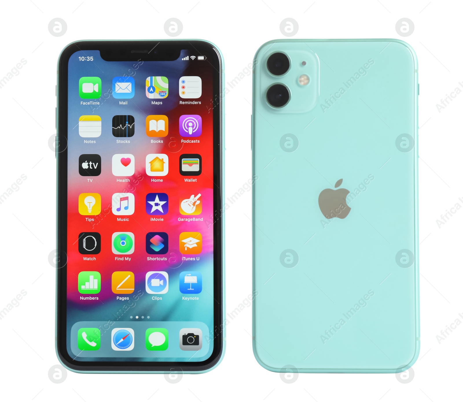 Image of MYKOLAIV, UKRAINE - JULY 07, 2020: New modern iPhone 11 with home screen against white background, back and front views