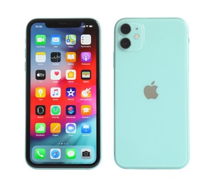 MYKOLAIV, UKRAINE - JULY 07, 2020: New modern iPhone 11 with home screen against white background, back and front views