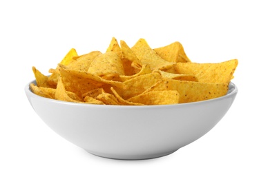 Photo of Ceramic bowl of Mexican nachos chips on white background