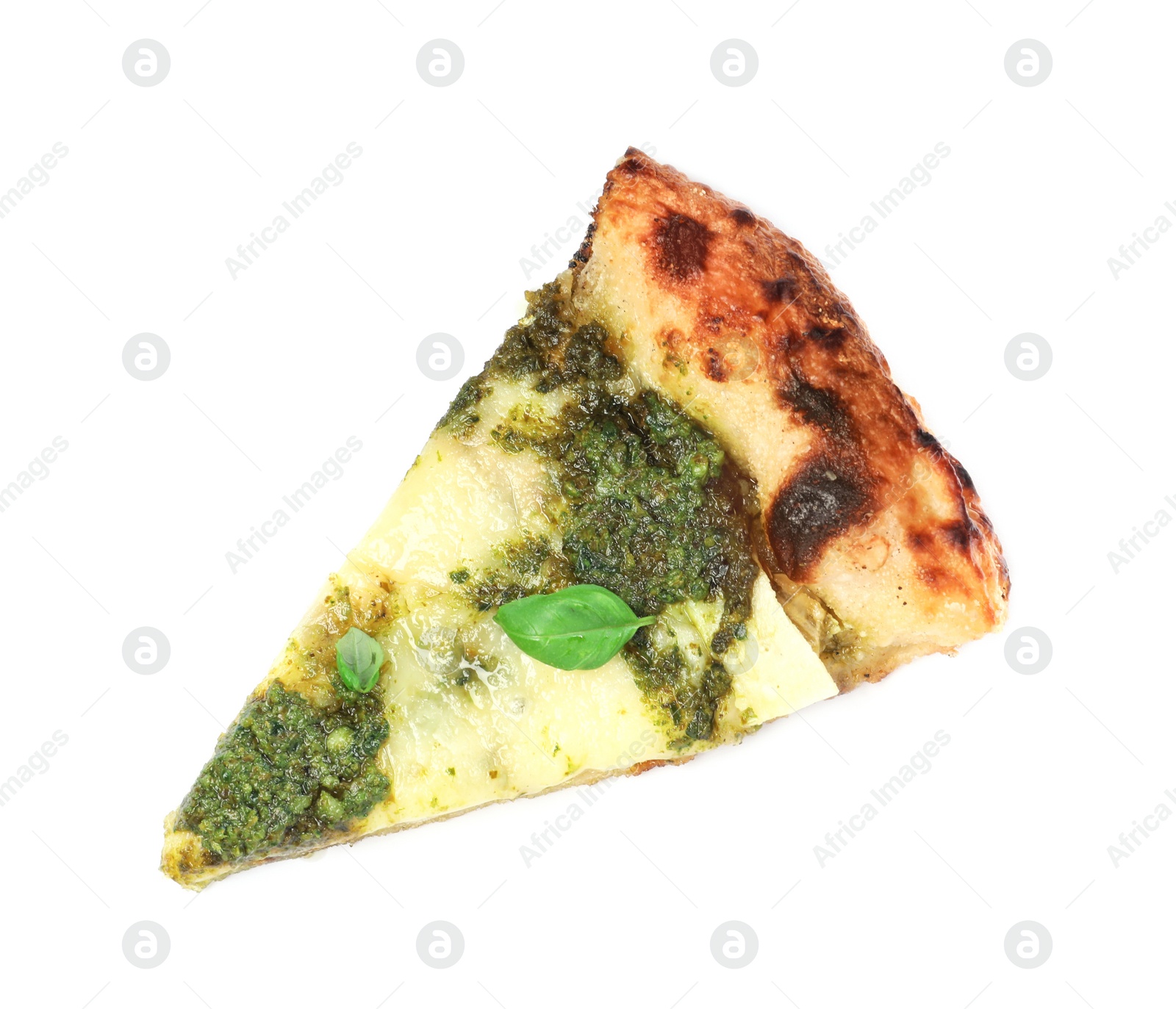 Photo of Slice of delicious pizza with pesto, cheese and basil on white background, top view