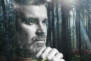 Image of Double exposure of thoughtful man and trees