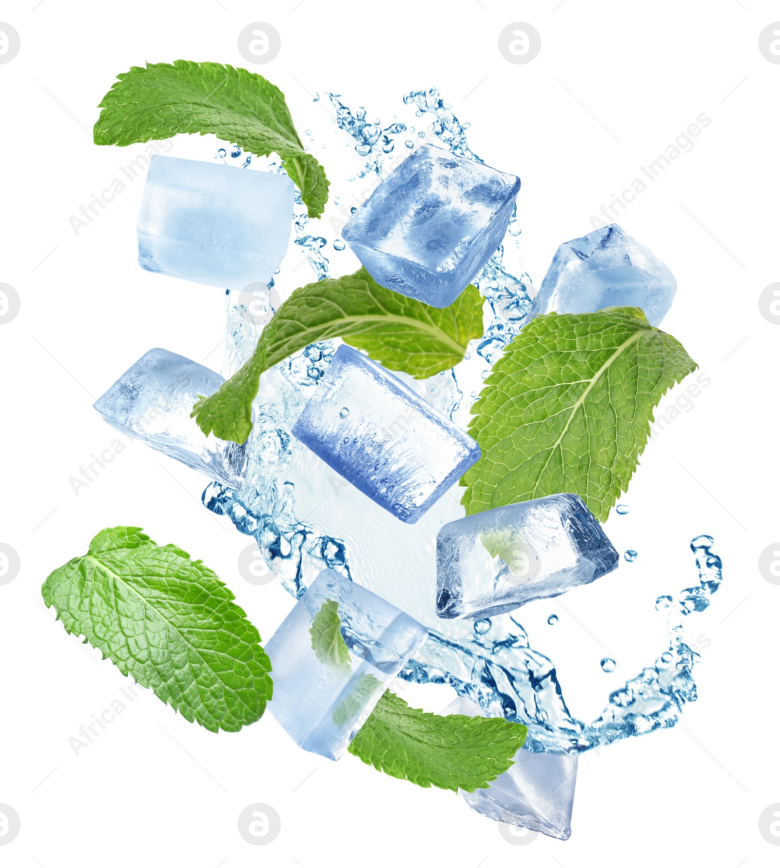 Image of Ice cubes and green mint leaves with water splash on white background