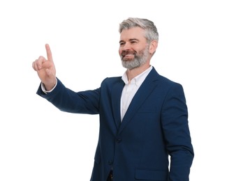 Mature businessman in stylish clothes posing on white background