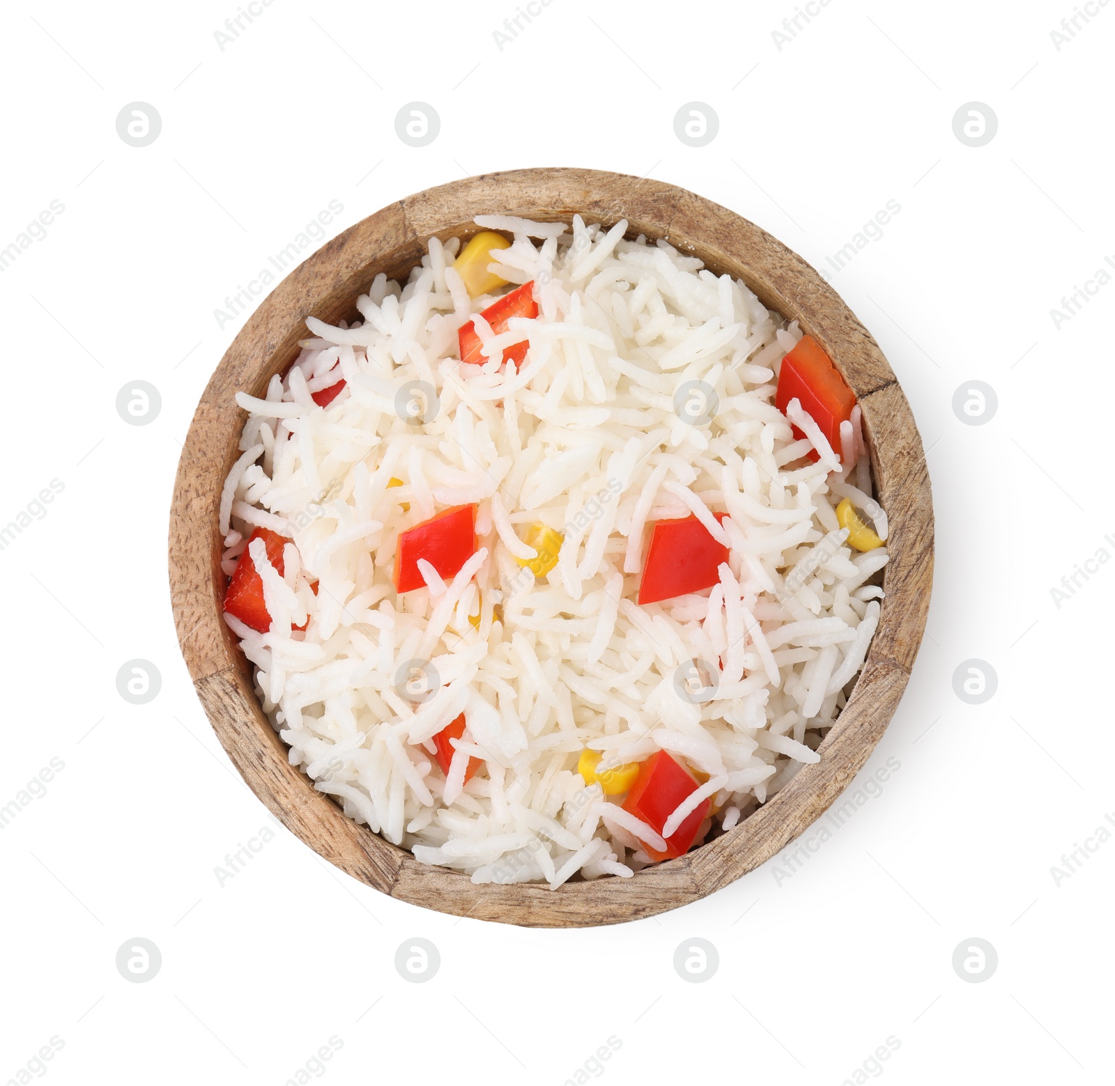 Photo of Delicious rice with vegetables isolated on white, top view