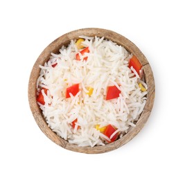 Photo of Delicious rice with vegetables isolated on white, top view