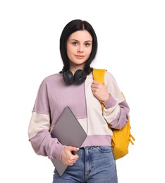Student with laptop and backpack on white background