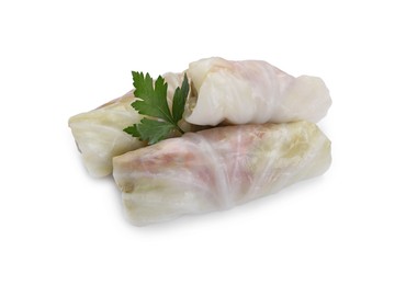 Photo of Uncooked stuffed cabbage rolls and parsley isolated on white