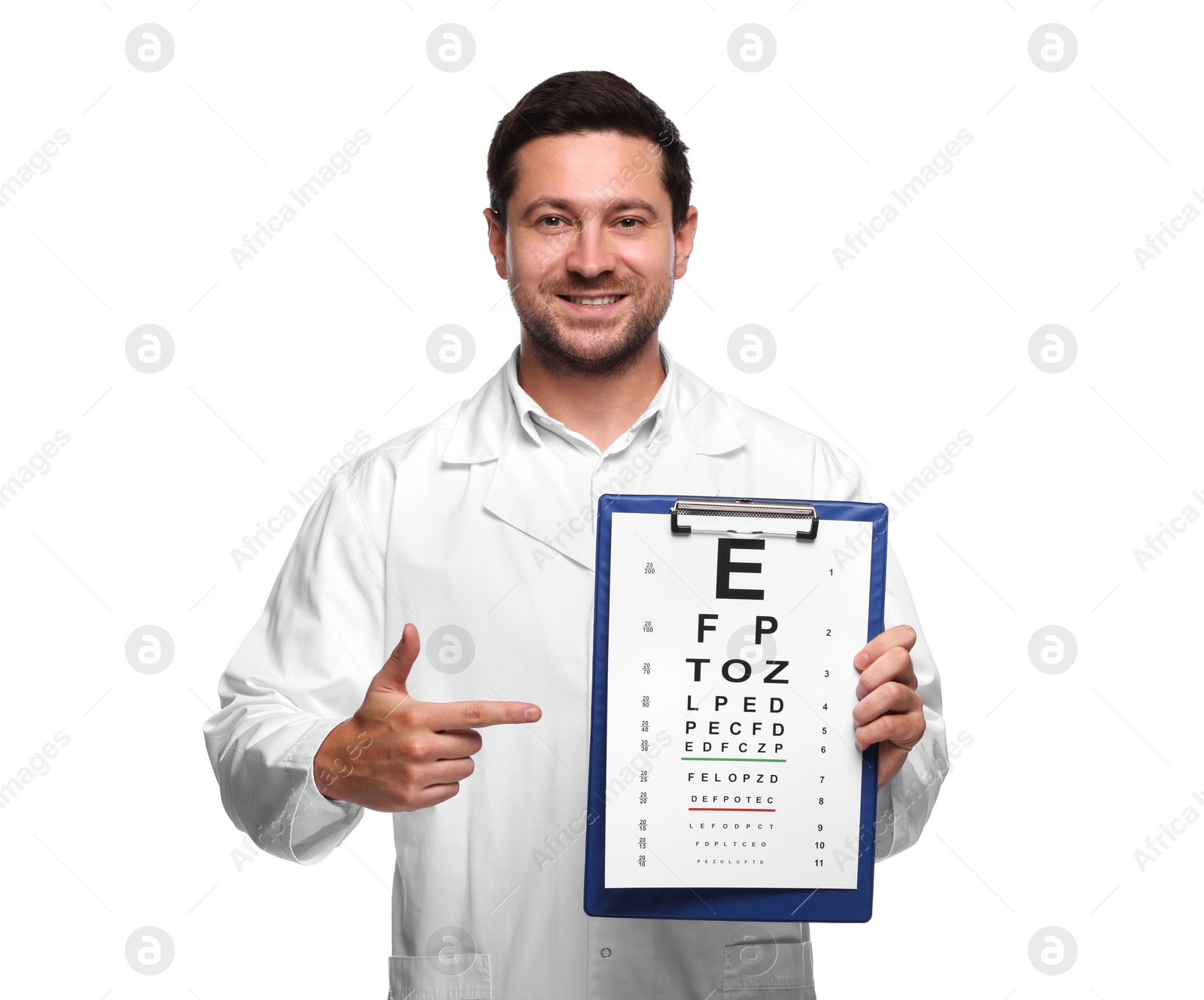 Photo of Ophthalmologist pointing at vision test chart on white background