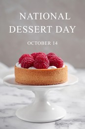 Image of National Dessert Day, October 14. Cake stand with raspberry tart on marble table