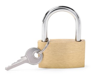 Steel padlock and key isolated on white