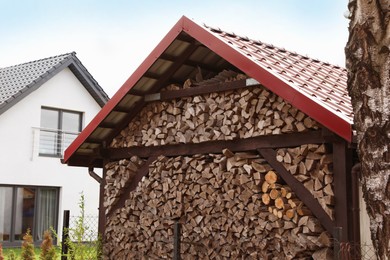 Photo of Many different dry firewood in storage outdoors